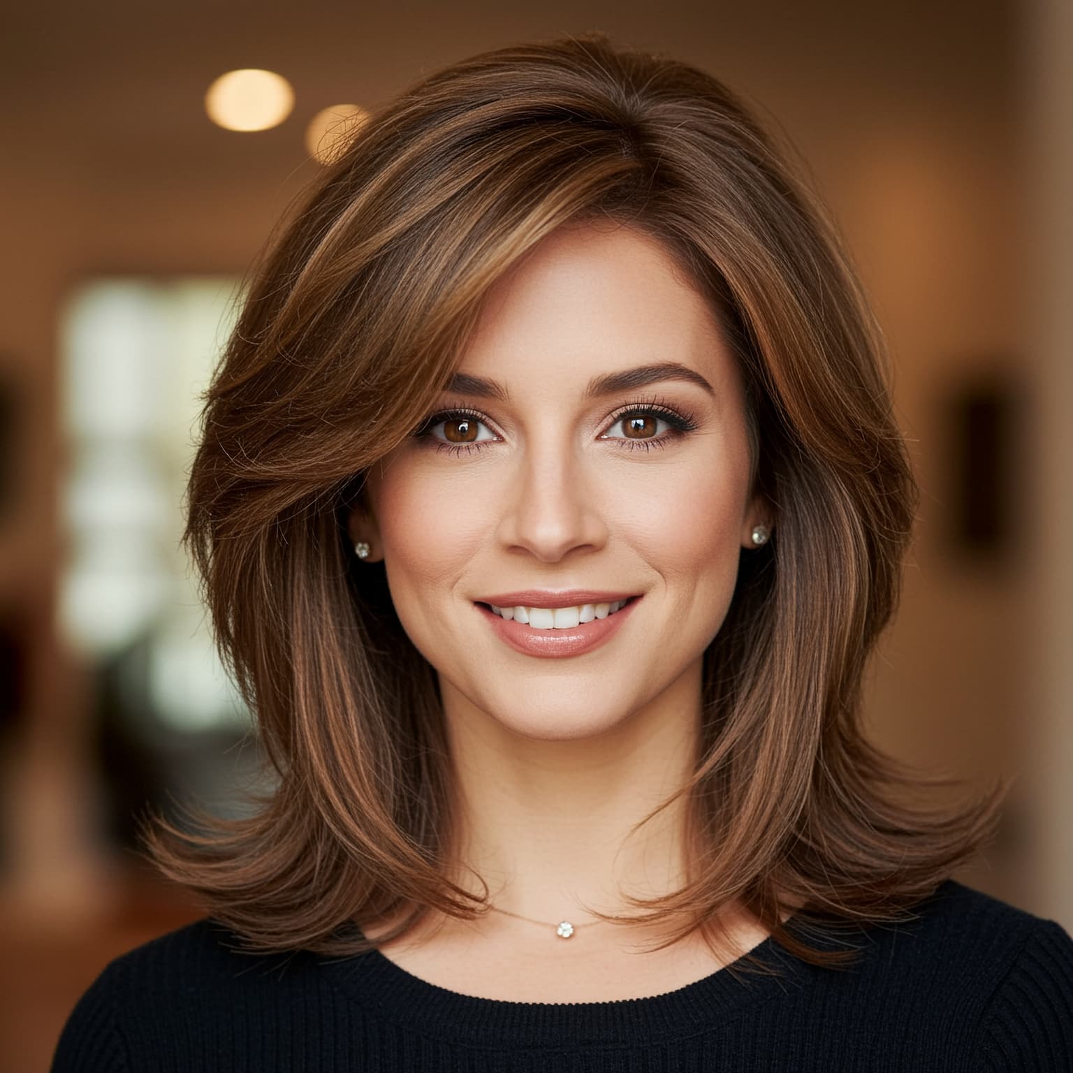 Elegant woman with freshly styled medium-length hair featuring soft face-framing highlights and rich root colour at Simon Warwick Salons.